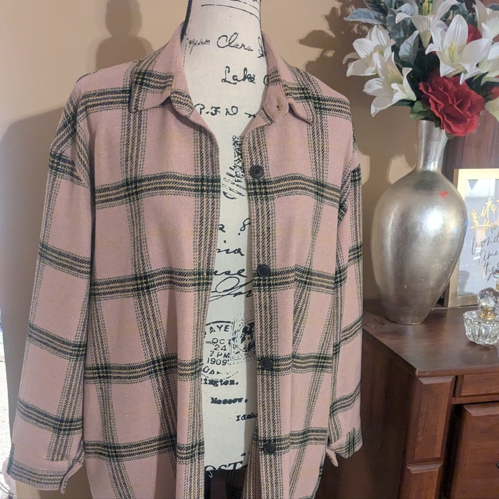 New Pink Plaid Button Down Jacket